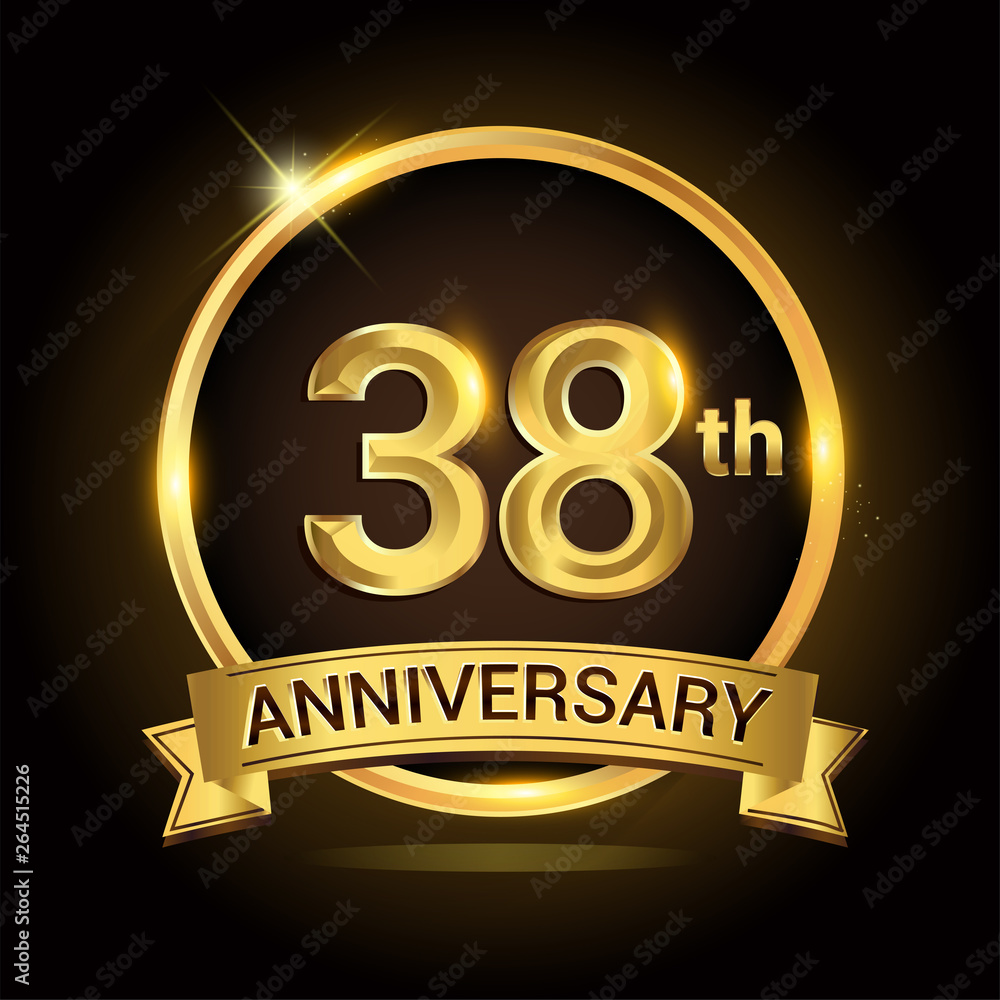 38th golden anniversary logo, with shiny ring and ribbon, laurel wreath isolated on black background, vector design 38th golden anniversary logo, with shiny ring and ribbon, laurel wreath isolated on black background, vector design