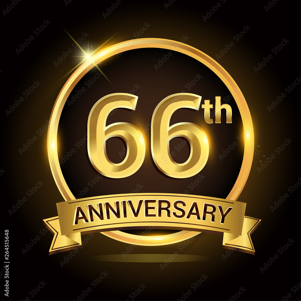 66th golden anniversary logo, with shiny ring and ribbon, laurel wreath isolated on black background, vector design 66th golden anniversary logo, with shiny ring and ribbon, laurel wreath isolated on black background, vector design