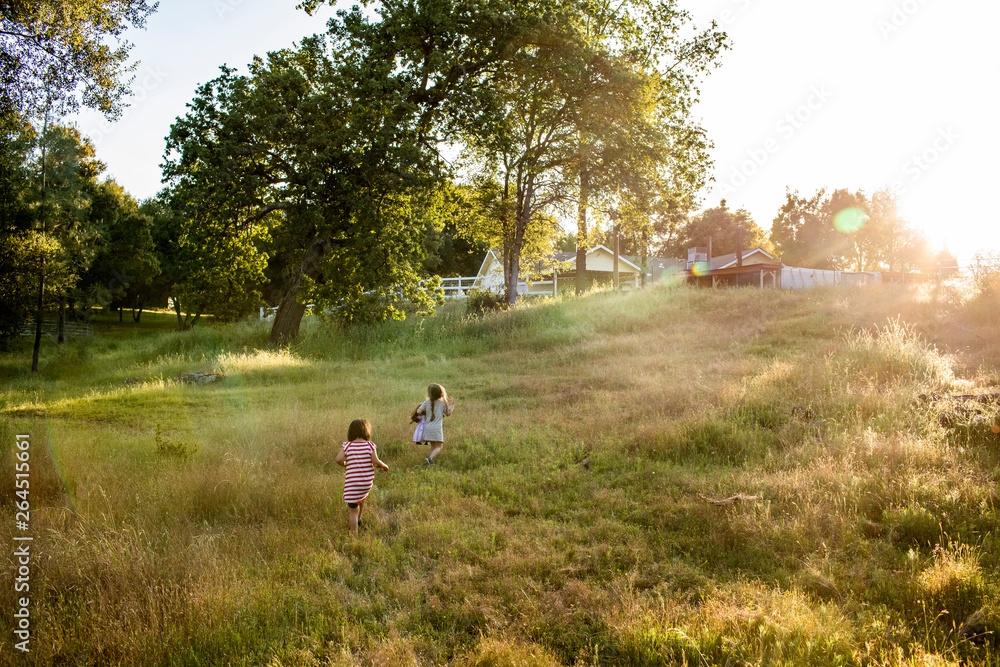 Two young girls exploring and having fun in a open field at sunset. Two young girls exploring and having fun in a open field at sunset.