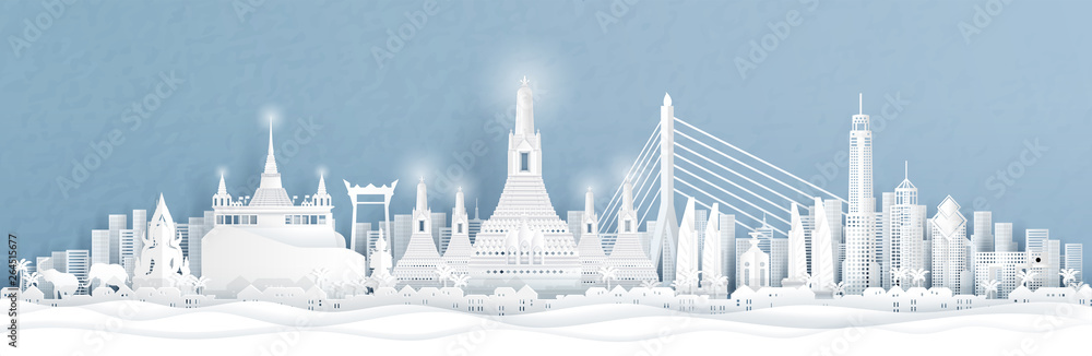 Obraz premium Panorama view of of Bangkok, Thailand with city skyline and world famous landmarks in paper cut style vector illustration