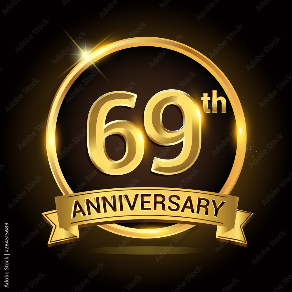 69th golden anniversary logo, with shiny ring and ribbon, laurel wreath isolated on black background, vector design