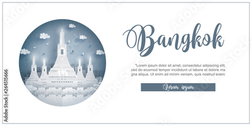 Wat Arun Temple, Bangkok, Thailand. World famous landmark with white frame and label. Travel postcard and poster, brochure, advertising Vector illustration.