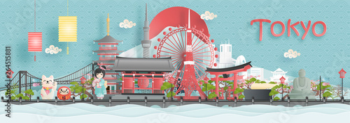 Panorama view of Tokyo city skyline with world famous landmarks of Japan in paper cut style vector illustration.