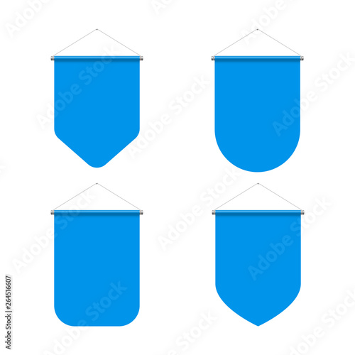 Empty Template of Vertical Blue Blank Pennant Set on White Background. Illustration of Sport Flags Symbol Mockup