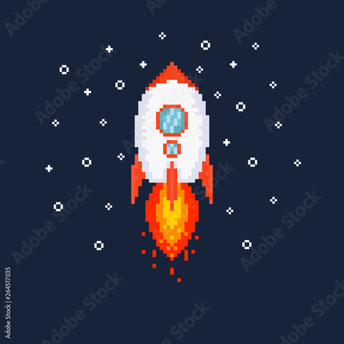 Pixel flying rocket illustration.8bit.