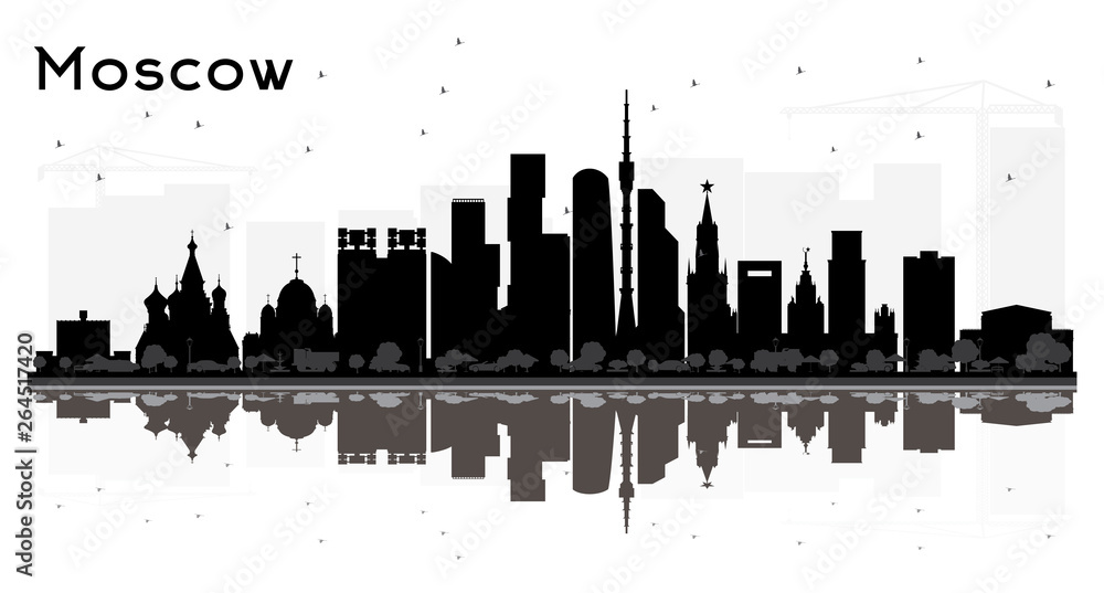 Moscow Russia City Skyline Silhouette with Black Buildings Isolated on White.