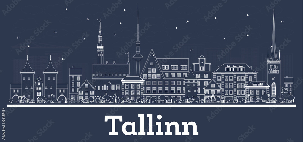 Outline Tallinn Estonia City Skyline with White Buildings.