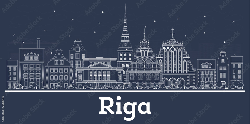 Outline Riga Latvia City Skyline with White Buildings.