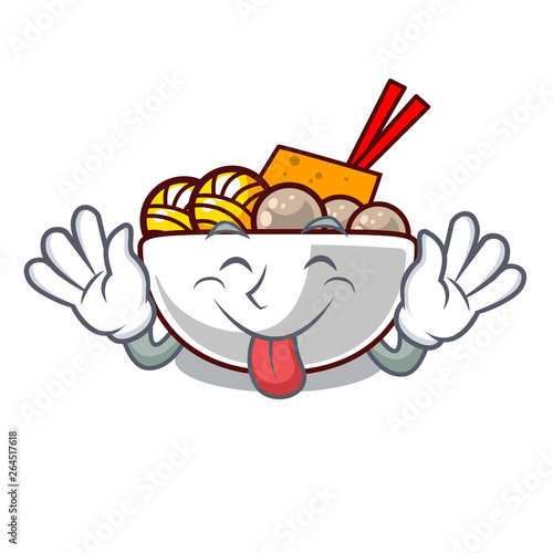 Tongue out meatballs are served in cartoon bowl