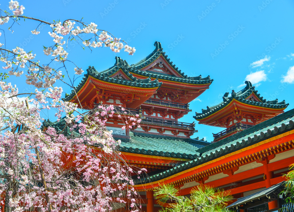 Ancient temple with cherry blossom Ancient temple with cherry blossom