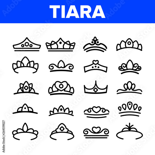 Tiara, Royal Accessory Vector Thin Line Icons Set. Tiara, Diadem Types Linear Illustrations. Queen Coronation, Princess, Nobility Headwear. Bridal Hair Decoration. Beauty Contest, Miss Award