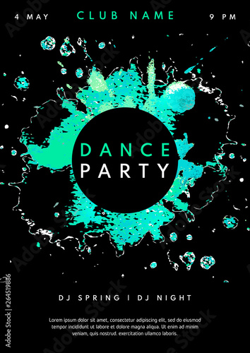 Abstract Dance Party poster template. Watercolor Dance Party design template with space for your text. Dance Party flyer in blue and black colors. Vector illustration