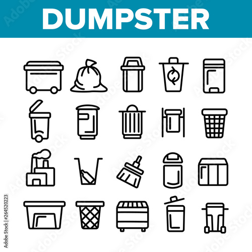 Dumpster, Garbage Container Thin Line Icons Set. Dumpster, Trash Collecting Equipment Linear Illustrations. Litter Recycling Factory. Plastic Dustbins, Metal Containers. Baskets for Waste Separating