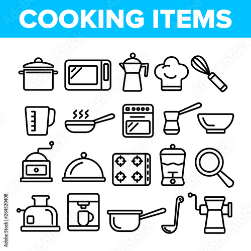 Cooking Items Vector Thin Line Icons Set. Cooking Accessories Linear Illustrations. Kitchen Equipment, Electronics Contour Symbols. Cookware, Saucepans, Bowl, Coffee Making Machines Pictograms
