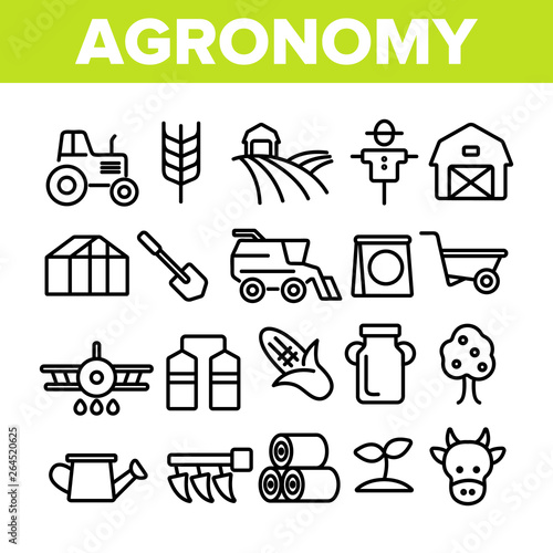 Agronomy Industry Vector Thin Line Icons Set. Agronomy Machinery Linear Illustrations. Growing Crops, Fruits Equipment. Farming, Meat, Dairy Products Manufacturing. Storage Facilities Contour Symbols