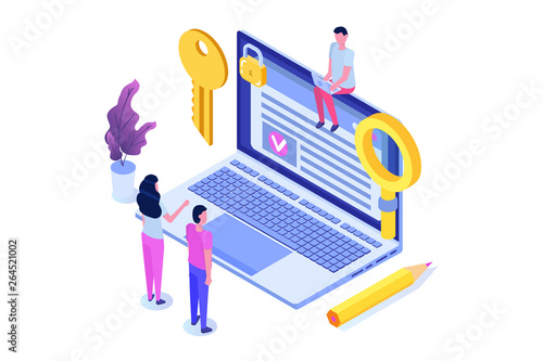 Smart contract, Digital signature isometric concept. Blockchain technology. Vector illustration