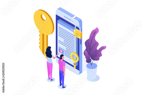 Smart contract, Digital signature isometric concept. Blockchain technology. Vector illustration