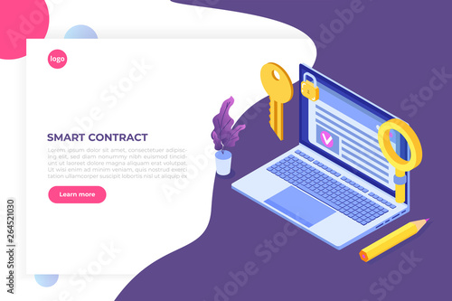 Smart contract, Digital signature isometric concept. Blockchain technology. Vector illustration