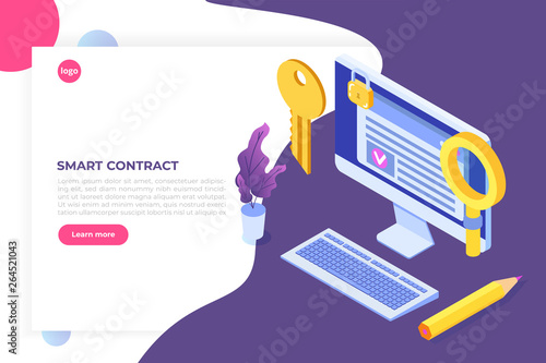 Smart contract, Digital signature isometric concept. Blockchain technology. Vector illustration