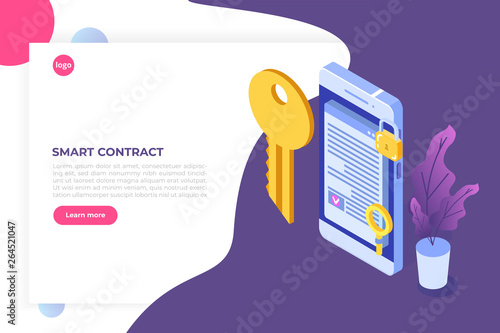 Smart contract, Digital signature isometric concept. Blockchain technology. Vector illustration