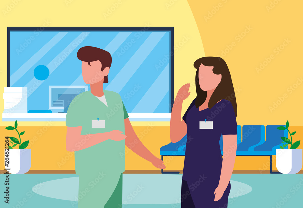 couple medicine workers in hospital reception couple medicine workers in hospital reception