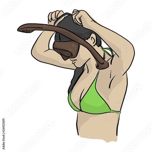 woman with bikini wearing snorkel vector illustration sketch doodle hand drawn with black lines isolated on white background