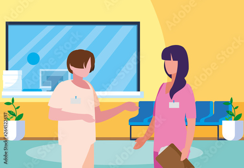 couple medicine workers in hospital reception
