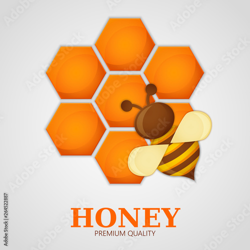 Honey label premium quality title. Paper cut style bee with honeycombs and Bee. Template design for beekeeping and honey product. Grey background, vector illustration. 