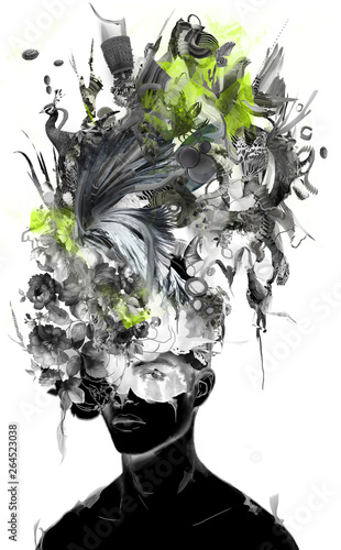 Male portrait in black and white and peacock