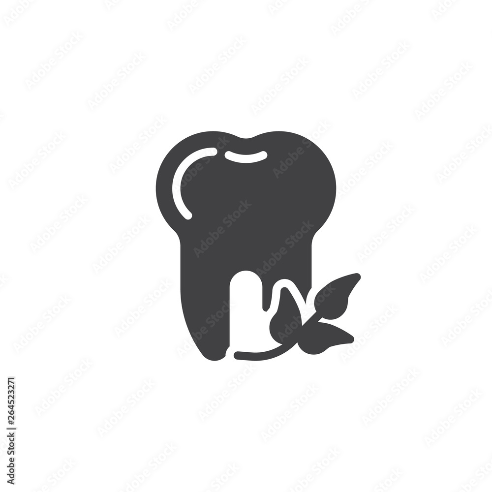 Obraz premium Tooth and mint leaves vector icon. filled flat sign for mobile concept and web design. Healthy tooth with herbal leaves glyph icon. Dentistry, stomatology dental care symbol, logo illustration