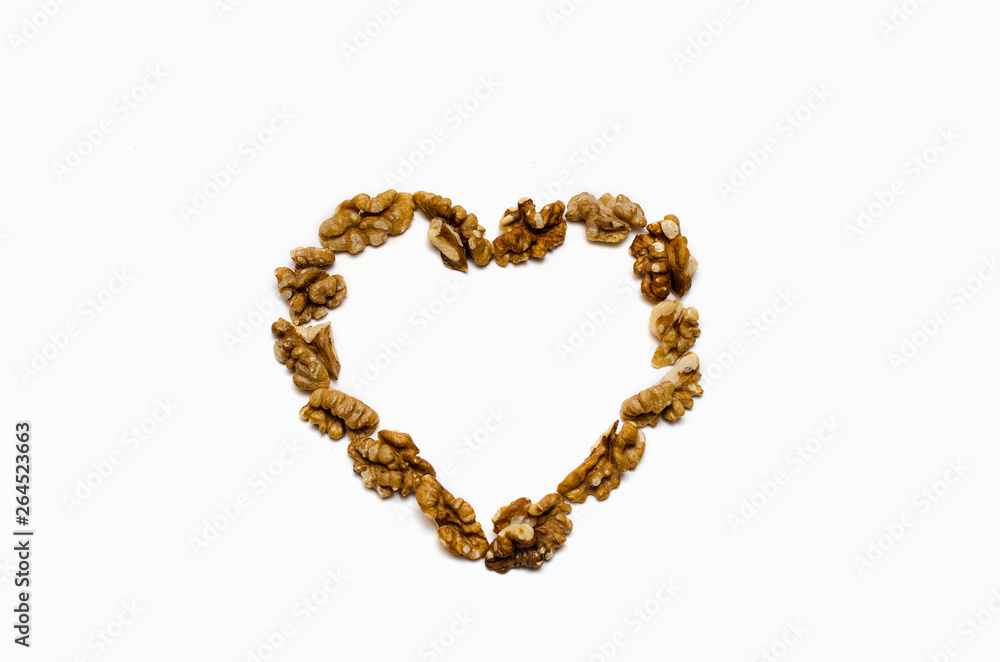 the heart is lined with walnut on white background, with a place for the text 