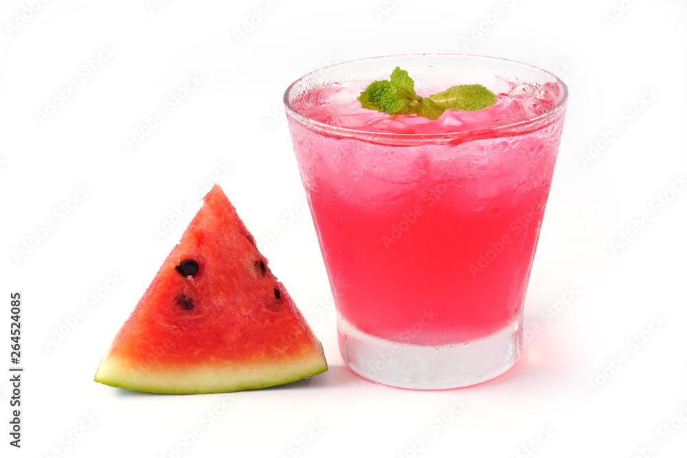 Watermelon juice with mint in glass and slice watermelon isolated on white background Watermelon juice with mint in glass and slice watermelon isolated on white background