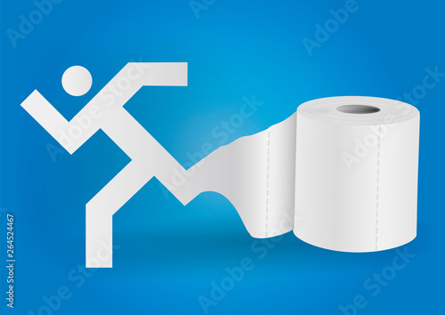 Toilet paper with icon of running man.  Illustration of running male paper silhouette unwinding toilet paper. Concept for intestinal trouble diarrhea. Vector available.
