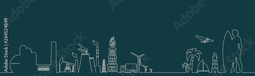 Industrial and tropical recreation relative silhouettes. Woman posing with surfboard,cruise ship, palm and lifeguard tower. Ecology linear design concept