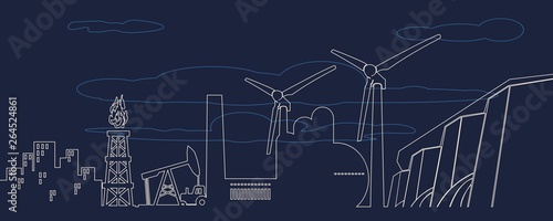 Concept of industrial plant and manufacture building. Energy and Power icons set. Energy generation and heavy industry. Modern brochure, report or cover design template. Thin lines style