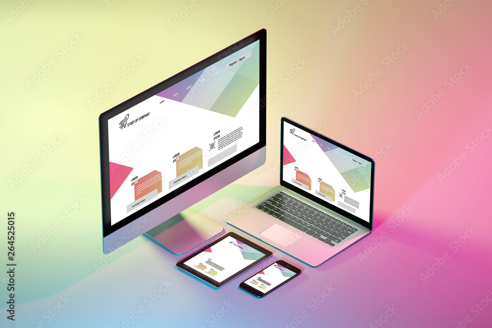 Mock up of isometric devices on a colorfull background - 3d rendering Mock up of isometric devices on a colorfull background - 3d rendering