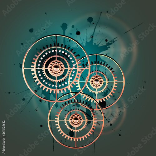 Abstract composition of gold gears with pearls. Background with blots. Steampunk style. 3D illustration