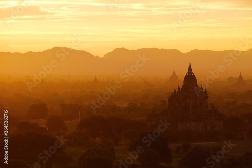 Sunset in buddhist temple stupa in the historical park of Bagan Myanmar
