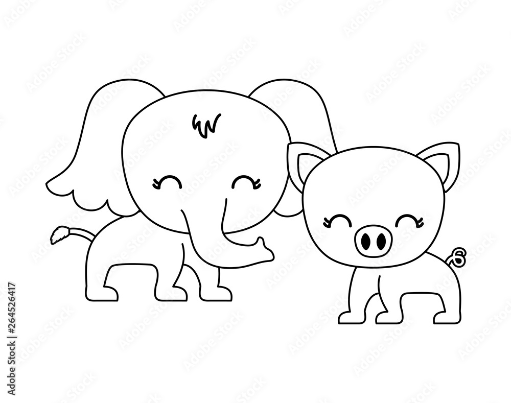 cute elephant with piggy animals isolated icon cute elephant with piggy animals isolated icon
