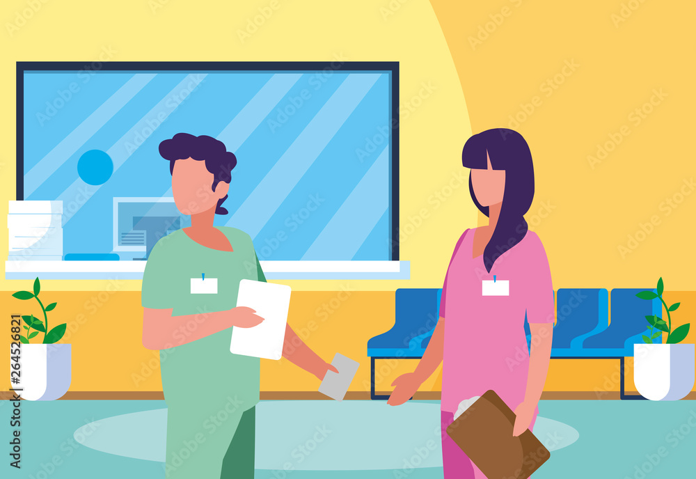 couple medicine workers in hospital reception