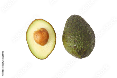 Ripe avocado full and slice fruit isolated on white background