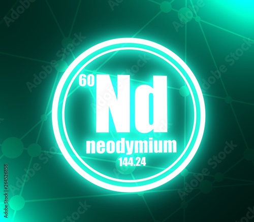 Neodymium chemical element. Sign with atomic number and atomic weight. Chemical element of periodic table. Molecule and communication background. Connected lines with dots. 3D rendering