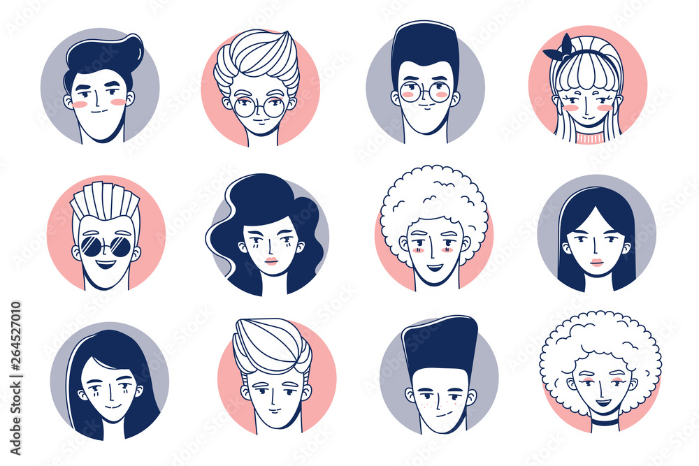 Set of portraits of avatars of young women and men. Retro style. Stock ...
