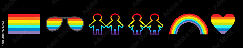 Rainbow gasses, heart, sunglasses, flag, girl boy pictogram icon set line. Gay marriage. LGBT pride sign symbol. Flat design. Black background.
