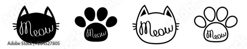 Black cat head. Meow lettering contour text. Paw print. Cute cartoon character silhouette icon set line. Kawaii animal. Baby pet collection. Sign Symbol. Flat design White background. Isolated.