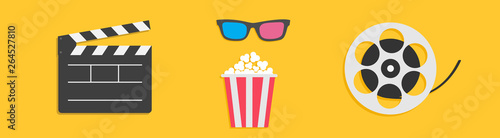 Open clapper board. 3D glasses Movie reel Popcorn box. Cinema icon set line. Flat design style. Yellow background. Isolated.