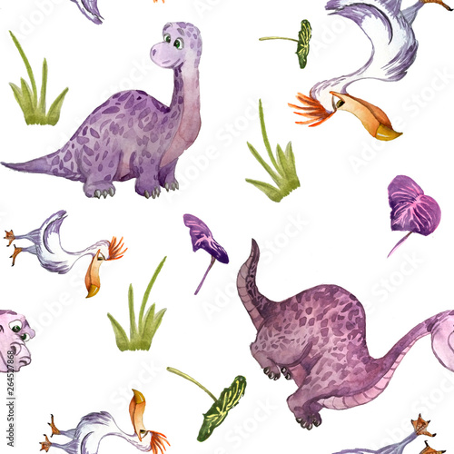  seamless watercolor pattern illustration of a dinosaur 