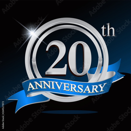 20th anniversary logo with blue ribbon and silver ring, vector template for birthday celebration.