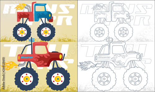 Coloring book or page with two monster truck cartoon