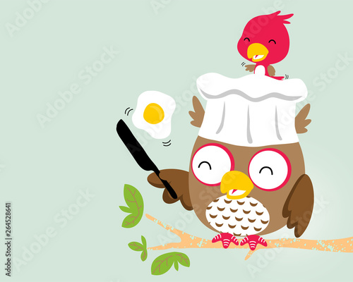 Cute birds cartoon with funny cooking owl